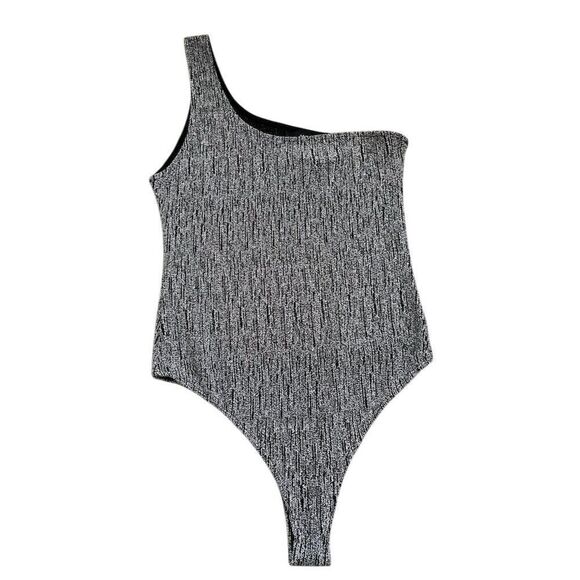Women's One-Shoulder Rib-Knit Bodysuit Swimsuit Gray M - Picture 3 of 9